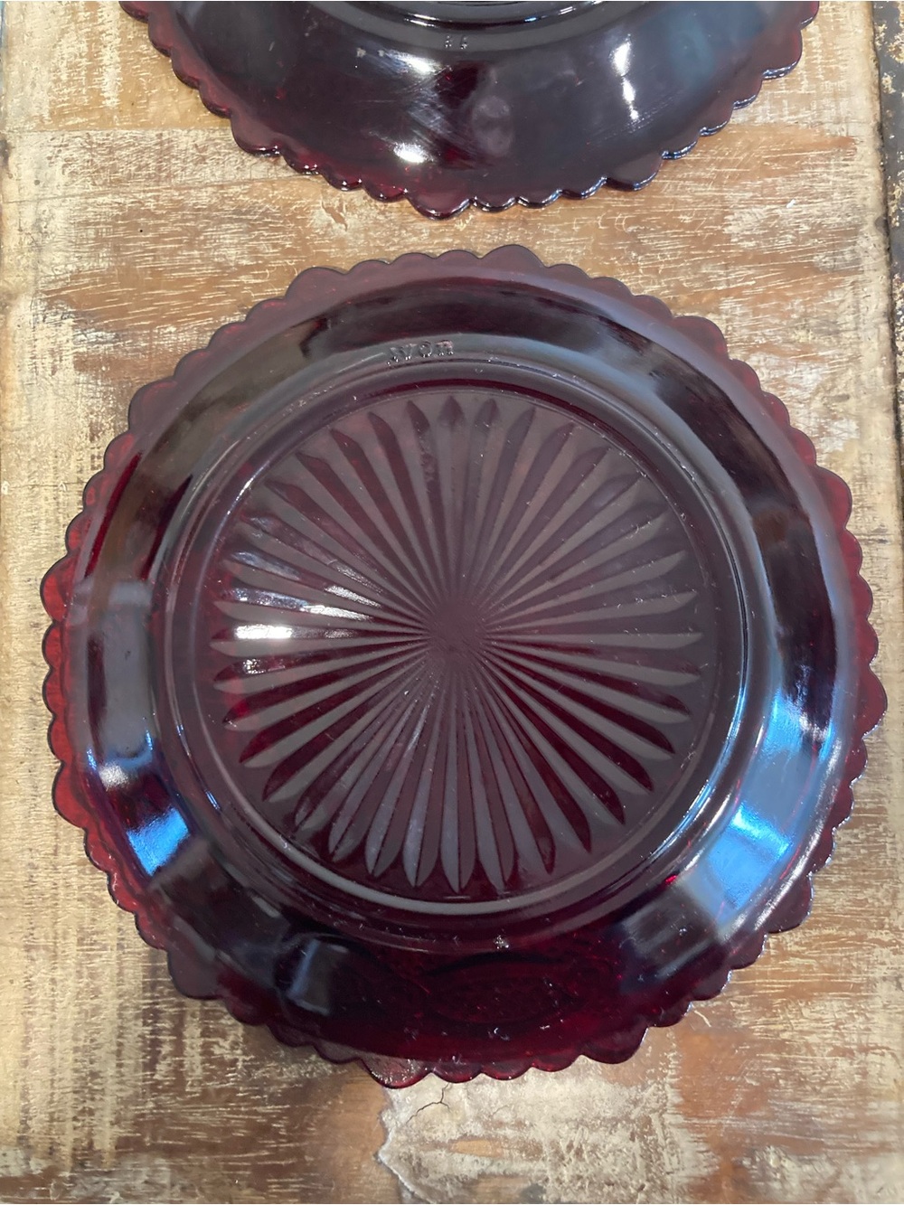 4 Avon Ruby Red Glass Luncheon Salad Dessert Plates 1876 Cape Cod Sunburst Back - Picture 10 of 16